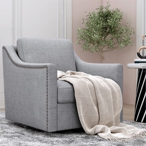 360° Swivel Armchair, Cotton Linen Upholstery, Brass Nail Details, Ergonomic Design, Wooden Legs, Comfortable Living Room Chair - 1 of 4