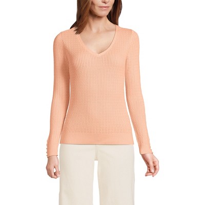Lands' End Women's Fine Gauge Cotton Baby Cable Vneck Sweater