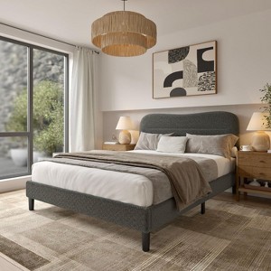 Queen Size Bed Frame with Headboard upholstered Bed Frame Soft Boucle Fabric Soft Cloud Marshmallow Shape Upholstered Headboard No Box Spring Needed - 1 of 4