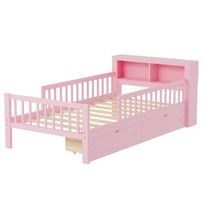 TIRAMISUBEST 84.6in Twin Size Wood Platform Bed with Guardrails Kids Bed Children's Bed Frame Pink