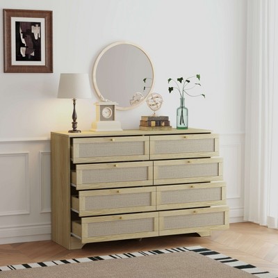 ORRD 8-Drawer Double Dresser, Boho Rattan Chest with Golden Handles, Wooden Dresser for Bedroom, Closet, or Living Room, Natural Finish