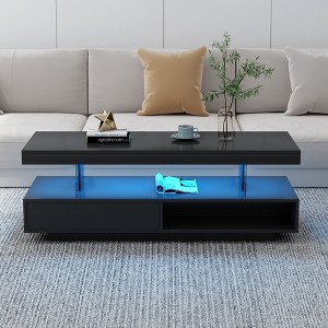 51"W Coffee Table Cocktail Table Center Table Accent Table with LED Lights, 2 Drawers and Display Shelves, White/Black-ModernLuxe - 1 of 4