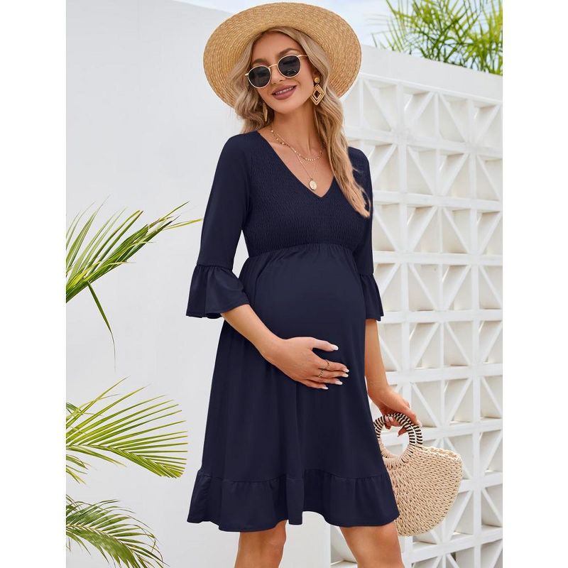 Women's Maternity Smocked 3/4 Sleeve Boho Dress V Neck Fall Casual Ruffle Flowy Midi Dress for Baby Shower Photoshoot, 3 of 8