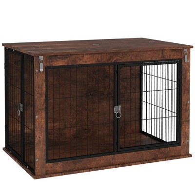PawHut Dog Crate Furniture, 39" Dog Kennel Furniture with Flip-up Top Opening, 2 Doors, Dog Cage Side End Table for Large Dogs, Rustic Brown