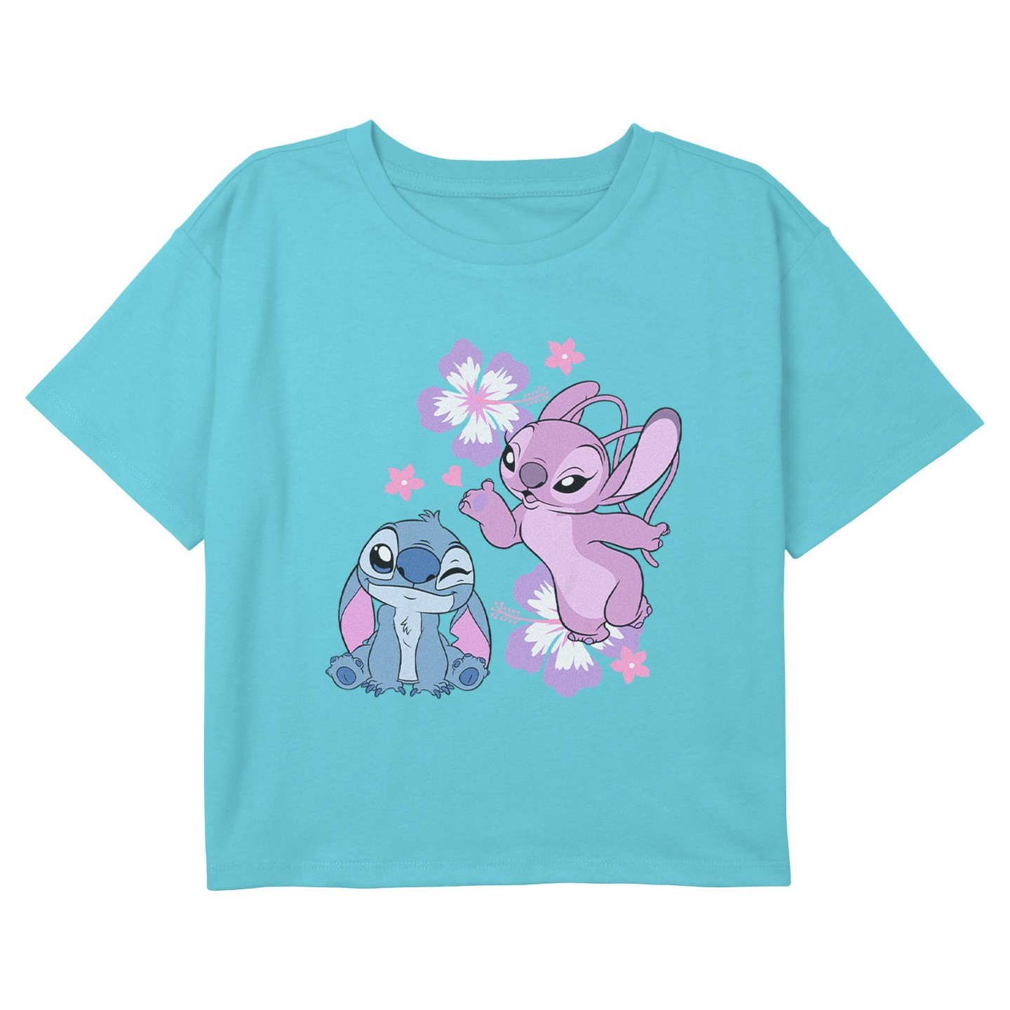 Футболка Lilo & Stitch Angel Kisses and Flowers Graphic Graphic Cropped T-Shirt - Blue для девочек, цвет: Синий — фото 1