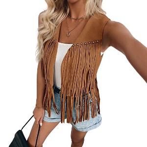 Women's Sleeveless Faux Suede Fringe Vest Studded Trim Open Front