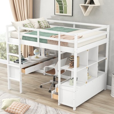 Full Size Loft Bed With Built-in Desk, Storage Shelves And Drawers ...