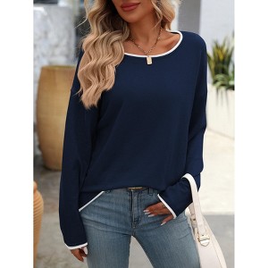 Women's Fall Long Sleeve Round Neck Sweater Shirt Color Block Casual Top Blouse - 1 of 2