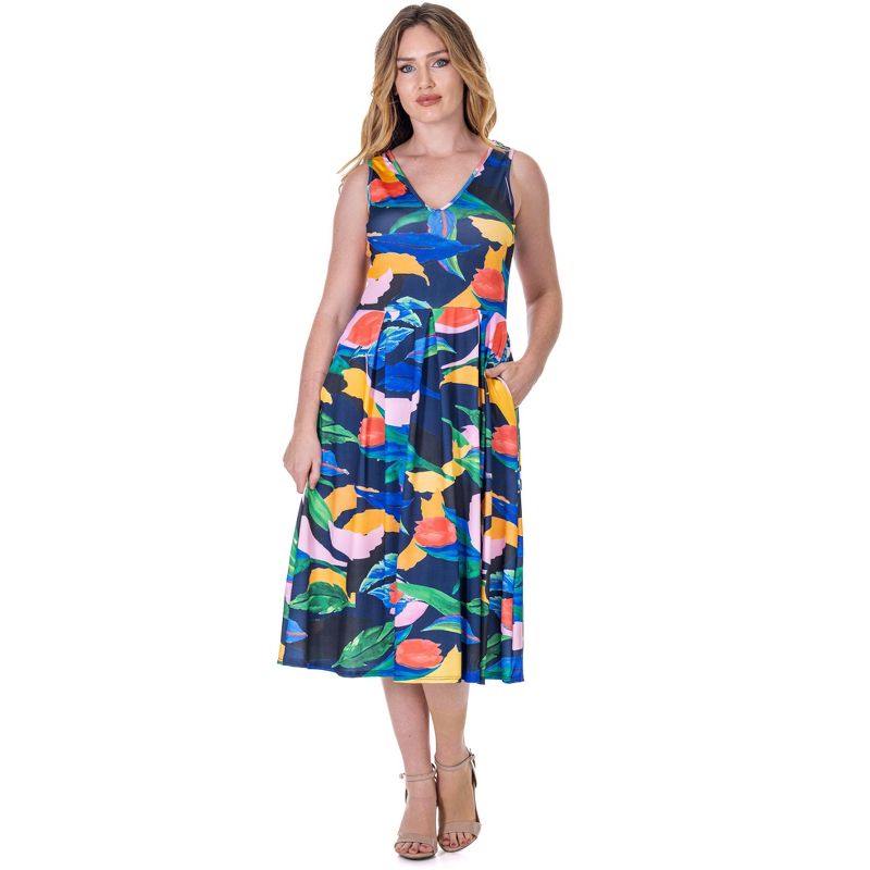 24seven Comfort Apparel Womens Midi Length Multicolor Sleeveless Pleated Pocket Dress, 1 of 9