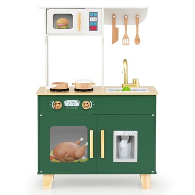 Costway Kids Play Kitchen with Microwave Stoves Rotation Knobs Ice Dispenser Faucet Sink Green/Brown