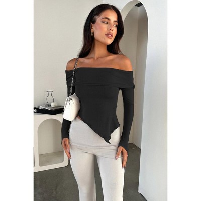 Women's Blouse Off-Shoulder Ribbed Long Sleeve Top Asymmetric Hem Shirt