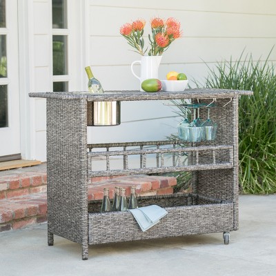 Outdoor Wicker Bar Cart, Rolling Buffet Serving Cart with Wheel, 3 Tier Patio Kitchen Island Cart for Porch Backyard Garden Poolside