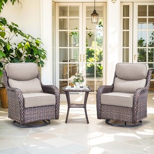 Outdoor Swivel Rocker Patio Chairs of 2 with 6 Inch Thick Cushions and Side Table, Swivel Outdoor Chairs 3PCS High Back Wicker Patio Furniture Set - 1 of 4
