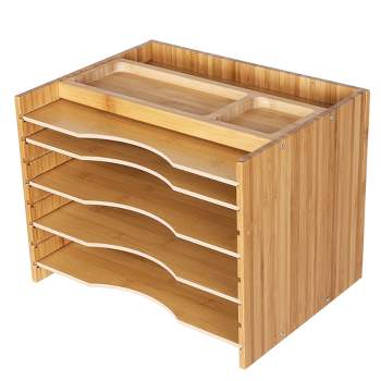 SONGMICS Bamboo File Organizer Paper Sorter with 5 Adjustable Shelves Top Storage Compartments Natural