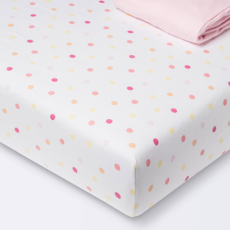 Fitted Jersey Crib Sheet 2pk - Cloud Island&#8482; Multi Dot and Solid Pink, 1 of 6