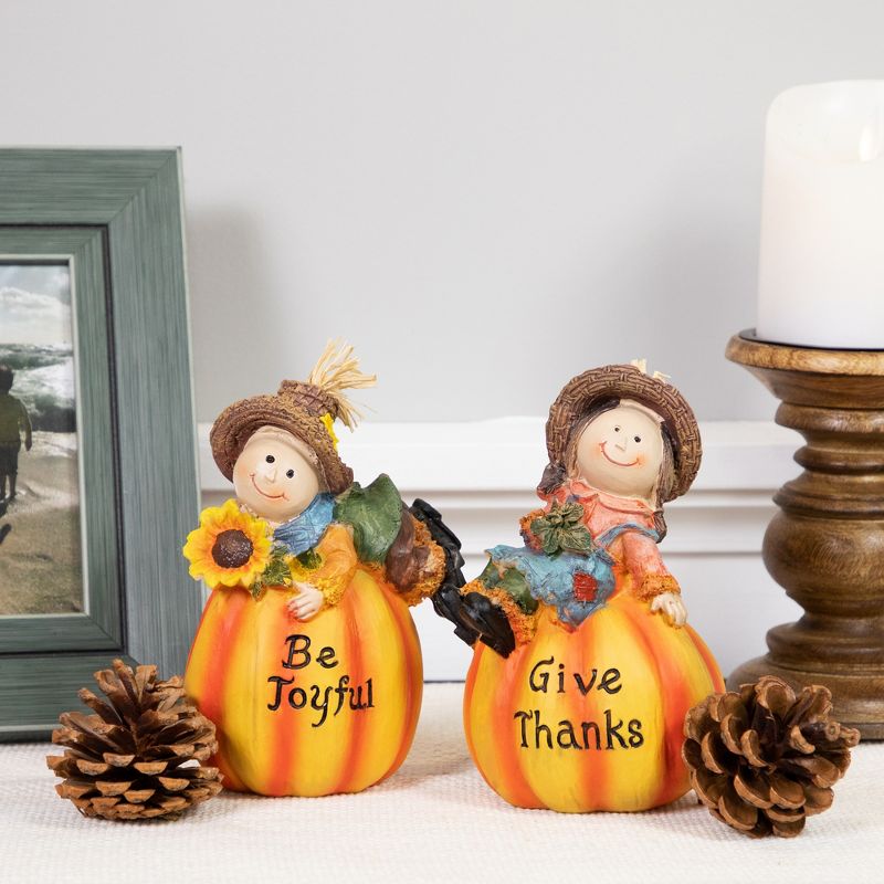 Northlight Set of 2 Girl and Boy Scarecrows on Pumpkins Fall Figurines 6", 3 of 7