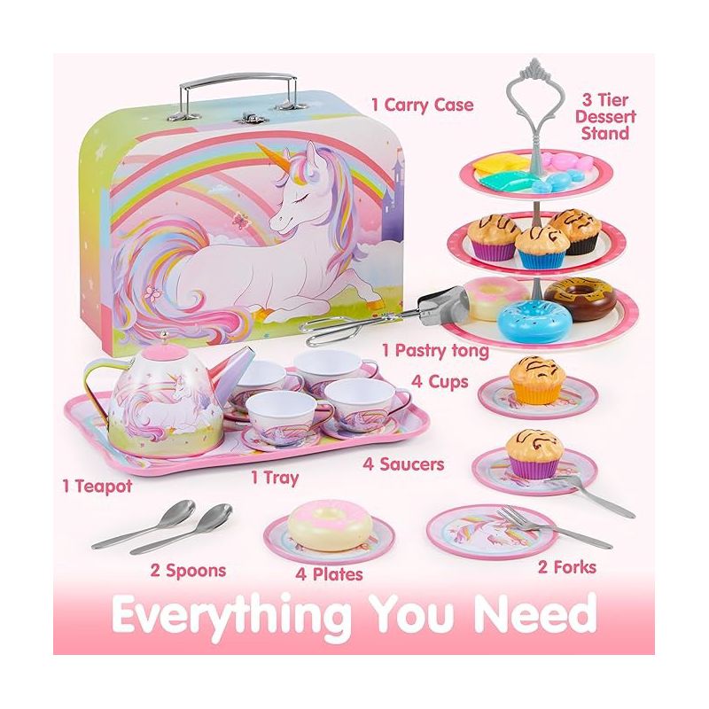 Syncfun 35Pcs Unicorn Tea Party Set for Gifts Kids Toddlers Age 3 4 5 6, Pretend Tin Teapot Set with Dessert, Doughnut, Carrying Case, 3 of 9