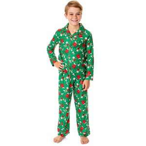 Peanuts Boys' Christmas Snoopy Charlie Brown Button Down Sleep Pajama Set Green - 1 of 4