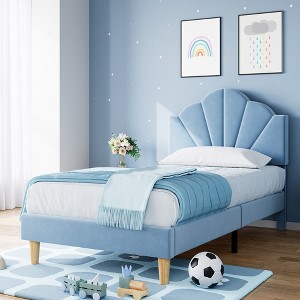 Twin Platform Bed Frame, Velvet Upholstered Platform Bed Frame with Height Adjustable Headboard, Strong Wood Slat Support, Easy to Assemble - 1 of 4