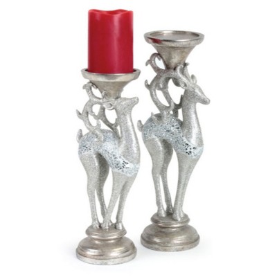 Melrose 2ct Deer Christmas Pillar Candleholder Set 14.25" - Silver