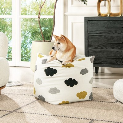 Cumulus Cream White Embroidered Pouf with Micro Bead Filling