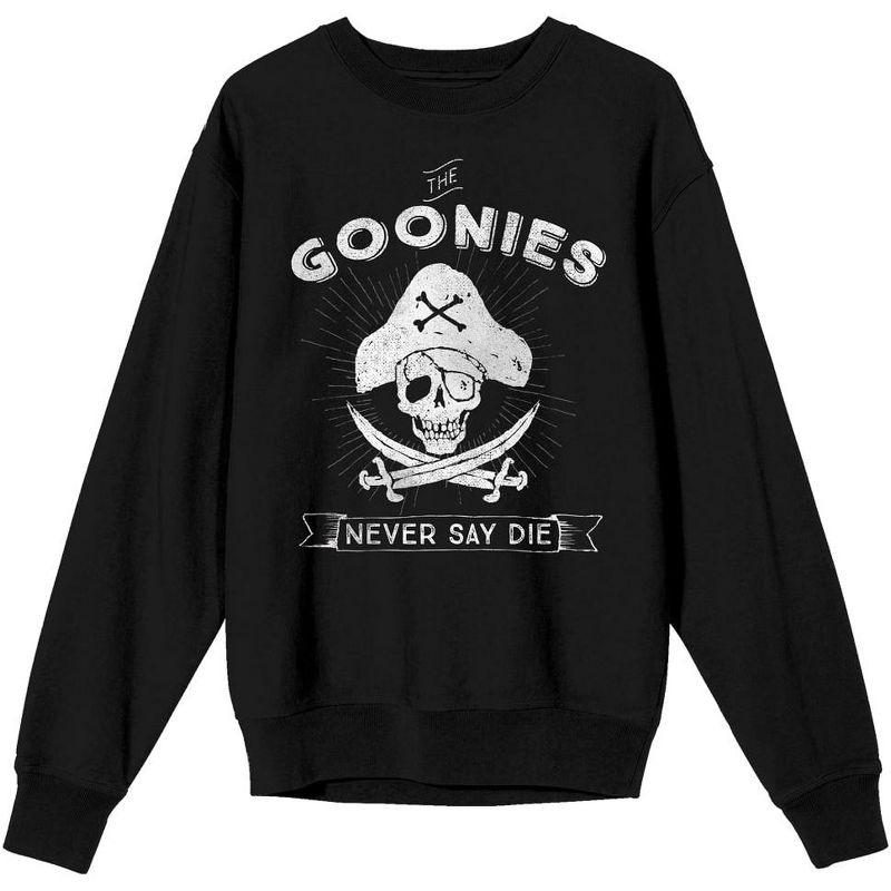 The Goonies Goonies Never Say Die Skull And Crossbones Women's Black Long Sleeve Sweatshirt, 1 of 4