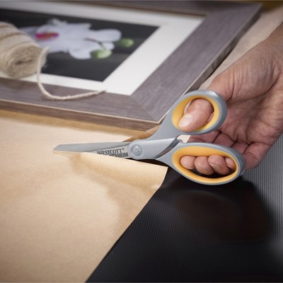 Westcott Titanium Bonded Scissors, 8" Long, 3.5" Cut Length, Gray/Yellow Straight Handles, 2/Pack