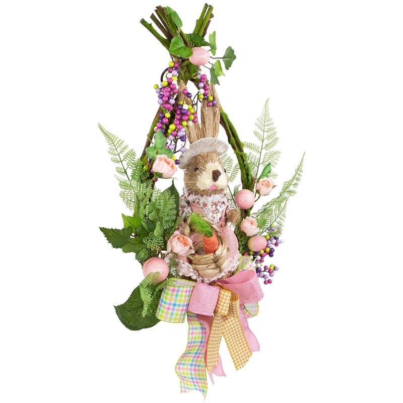 Northlight Flower Bunny Moss Vines Teardrop Easter Wreath - 22" - Pink - Unlit, 3 of 12