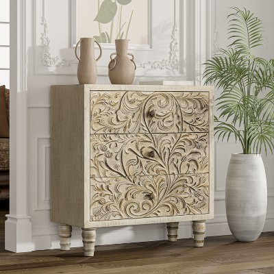 JIONJOY Vintage Floral 3-Drawer Dresser - Farmhouse Nightstand with Embossed Flower Details