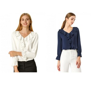 INSPIRE CHIC Women's Office Work Ruffle V Neck Long Sleeve Chiffon Peasant Blouse 2 Packs - 1 of 4