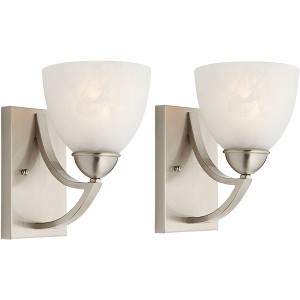 Possini Euro Design Modern Wall Light Sconces Set of 2 Satin Nickel Hardwired 6" Fixture Marbleized Glass for Bedroom Bathroom - 1 of 4