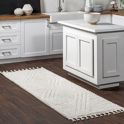 Ivory Geometric Shag Runner Rug with Tassels