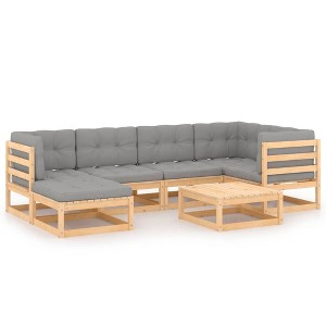 vidaXL Patio Furniture Set 7 Piece Outdoor Sectional Sofa Solid Wood Pine - Natural With Cushion - 1 of 4