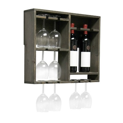 Rustic Gray Wall Mounted Wood Wine Rack with Glass Holder
