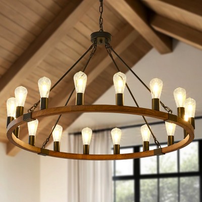 31.5 Inch 8-Light Wagon Wheel Chandelier - Rustic Wooden Pendant Lamp For Dining Room Living Room