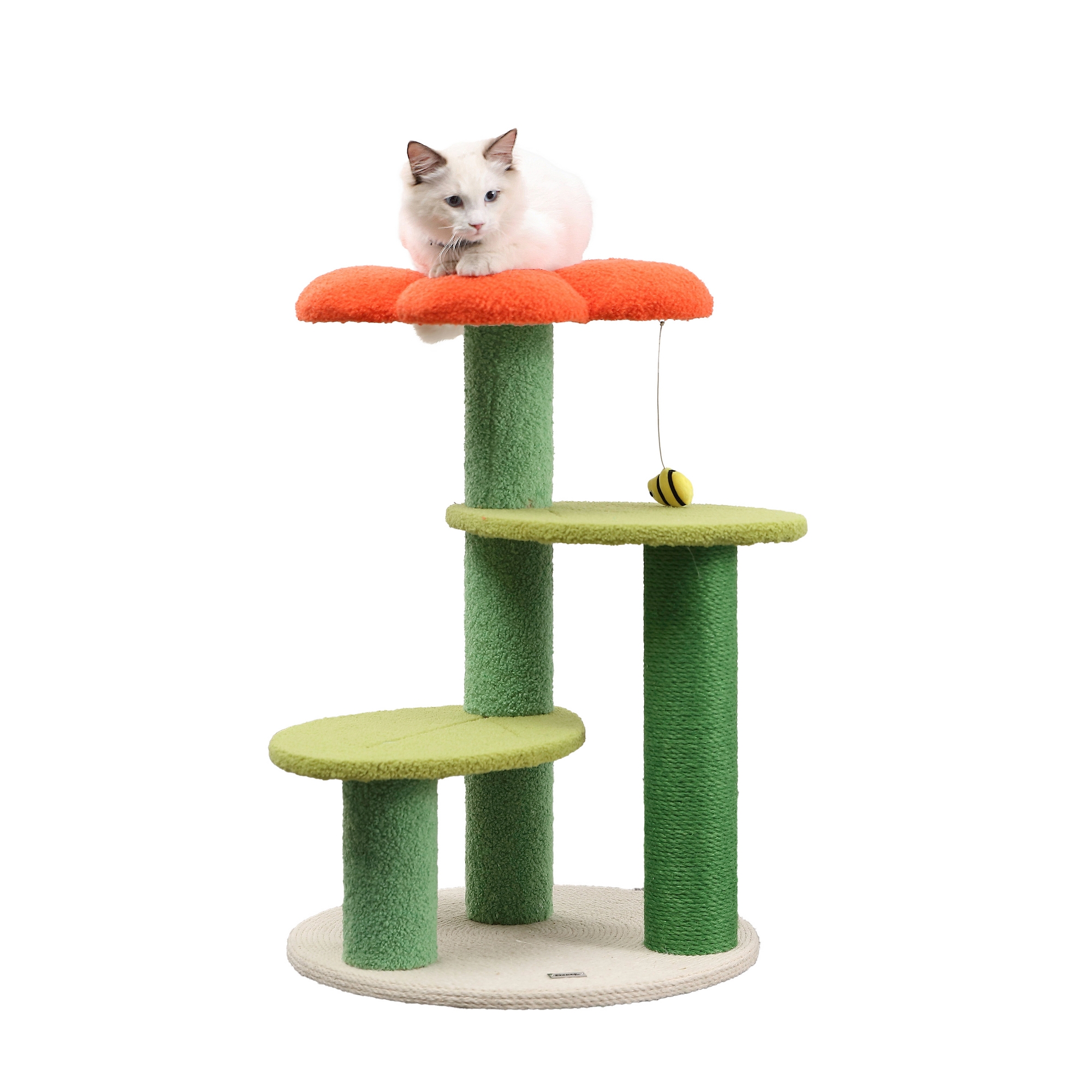 THE LICKER STORE Poppy 29" 3-Tier Modern Jute Flower Cat Tree with Dangling Toy, Orange/Green