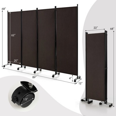 Brown Metal and Polyester 4-Panel Folding Room Divider with Wheels