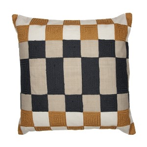 20" Navy Blue Check Throw Pillow With Embroidery - 1 of 4