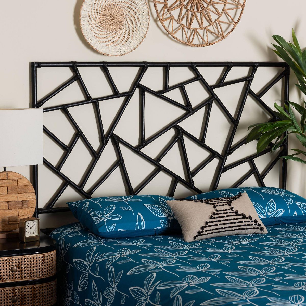 bali & pari Queen Size Frydel Rattan Standalone Headboard Black