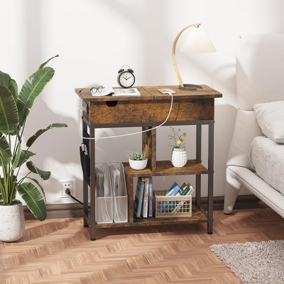 Rustic Brown Particle Board End Table with Charging Station and Storage