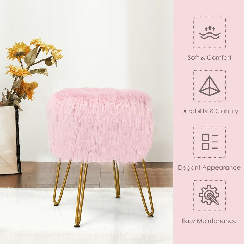 Costway Faux Fur Vanity Chair Makeup Stool Furry Padded Seat Round Ottoman Pink/White, 5 of 15