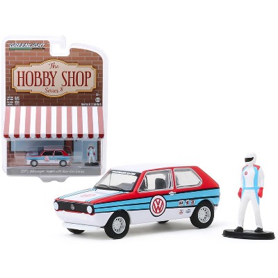 1975 Volkswagen Rabbit White with Stripes and Race Car Driver Figurine 1/64 Diecast Model Car by Greenlight