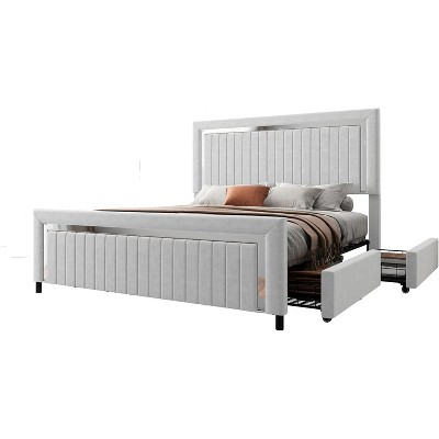 AMERLIFE Upholstered Platform LED Bed Frame with 4 Storage Drawers, Adjustable Headboard with Vertical Channel Design