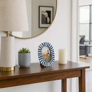 Picture Frame for Tabletop Decor - Oval Photo Frame with Striped Design - Chic Decorative Frame for Living Room and Bedroom Decor - Blue & White - 1 of 4