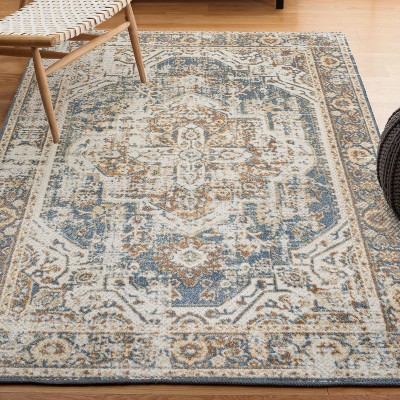 Blue and Cream Medallion Washable Synthetic Area Rug
