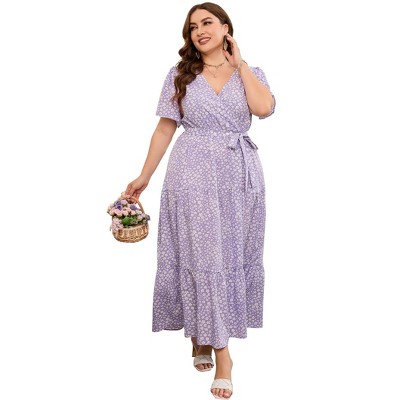 Coolmee Women Summer Maxi Dress Plus Size V Neck Wrap Floral Print Short Sleeves Ruffle Tiered Dress with Belt