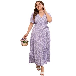 Coolmee Women Summer Maxi Dress Plus Size V Neck Wrap Floral Print Short Sleeves Ruffle Tiered Dress with Belt - 1 of 4
