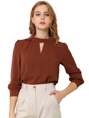 INSPIRE CHIC Women's Office Keyhole Elegant Stand Collar Long Sleeve Back Neck Button Blouse