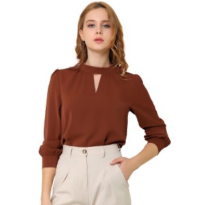 INSPIRE CHIC Women's Office Keyhole Elegant Stand Collar Long Sleeve Back Neck Button Blouse - 1 of 4