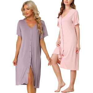 cheibear Women's Short Sleeve Button Down Midi Pajama Dress 2 Packs - 1 of 4